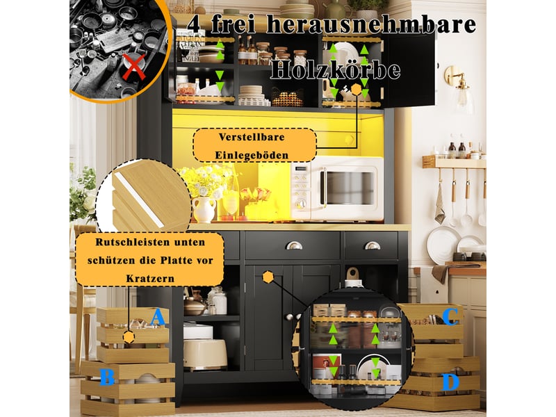  Armoire haute de cuisine led rgb 4 paniers bois mdf noir 120x40x188 cm N620GG260801S - Conforama E