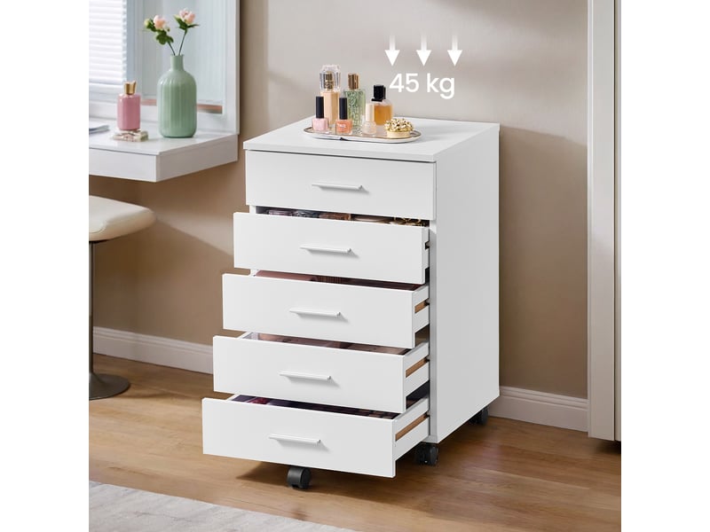  Caisson de bureau à roulettes, support pour imprimante, avec 5 tiroirs, rails coulissants, blanc  - Conforama B