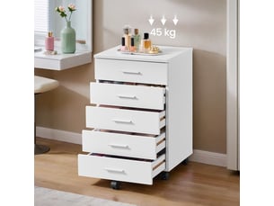 Caisson de bureau à roulettes, support pour imprimante, avec 5 tiroirs, rails coulissants, blanc