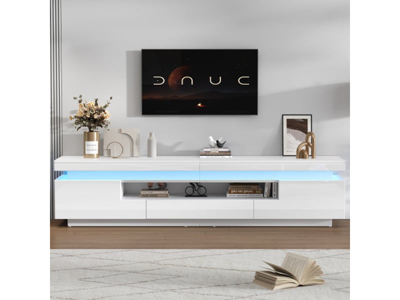  Meuble tv 175 cm blanc brillant avec led, 2 rangements en l, 1 tiroir, pour tv jusqu’à 75 pouces  - Conforama B