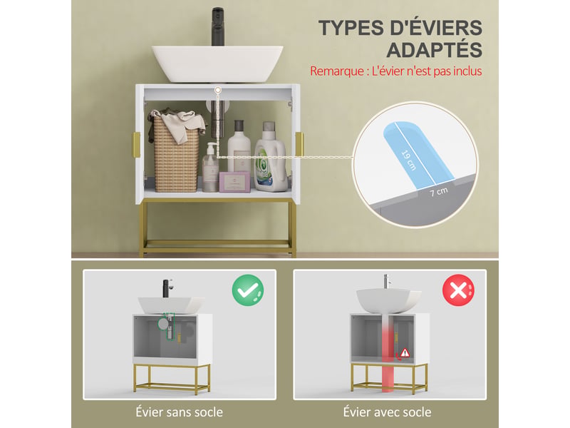  Meuble sous lavabo blanc à double porte, pieds en acier doré, 60 x 30 x 65 cm  - Conforama R