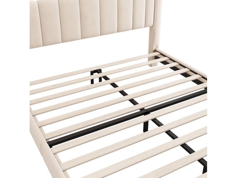  Lit adulte 180x200 cm en velours beige avec tête de lit et sommier à lattes  - Conforama R