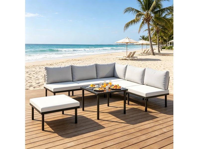  Salon de jardin modulable 6 pièces avec table basse en verre trempé, gris clair et noir  - Conforama B