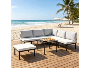 Salon de jardin modulable 6 pièces avec table basse en verre trempé, gris clair et noir