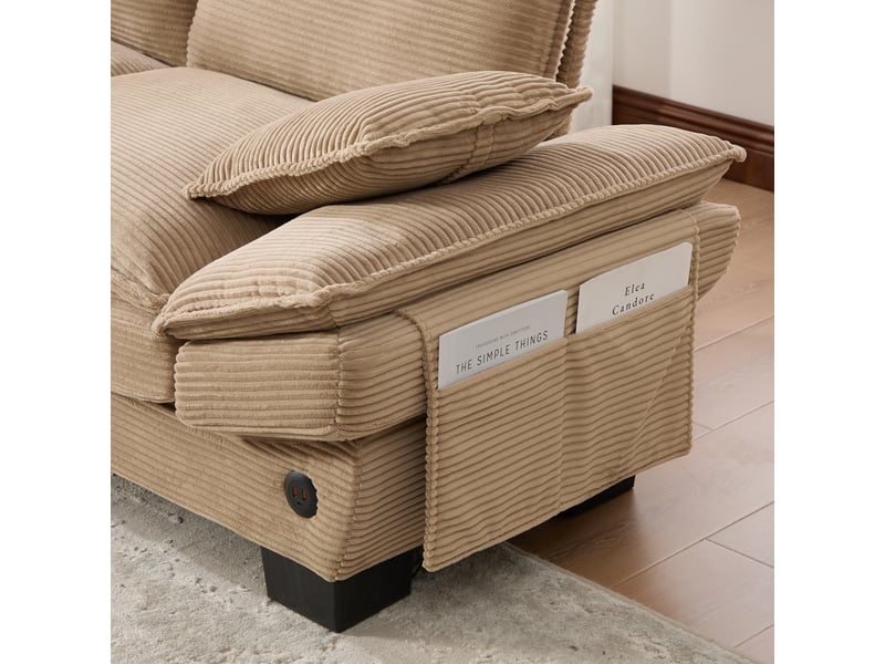  Canapé 2 places en velours côtelé kaki avec usb-c et poches latérales, assise large et design ergonomique  - Conforama R