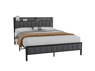 Lit 2 places 140 × 200 cm en métal noir avec tête de lit en tissu et rangement pratique