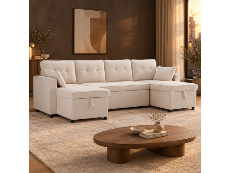  Canapé panoramique en u convertible avec rangements, porte-gobelets et poche latérale en tissu aspect lin beige, 270 × 130 × 86 cm  - Conforama B