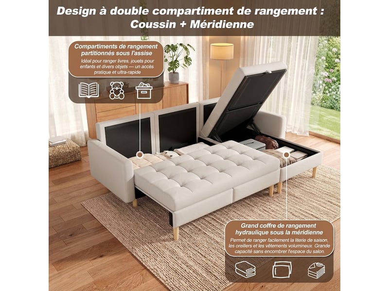  Canapé d'angle beige 3 places avec rangement 212x130cm - méridienne réversible tissu  - Conforama D
