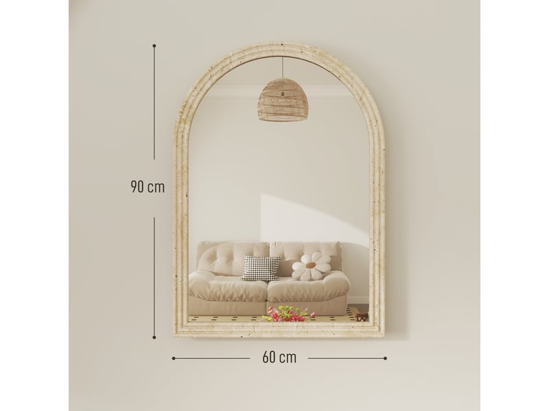  Miroir mural arqué, miroir moderne avec bord rainuré et crochets, verre trempé et polystyrène, 60 x 90 cm, beige  - Conforama C