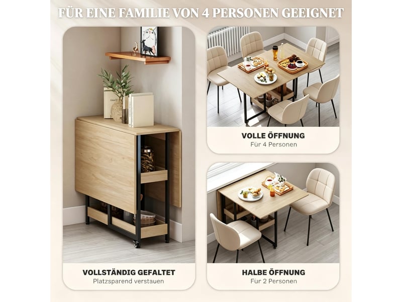 Table à manger pliable à roulettes pour 4 personnes avec rangements ouverts - Conforama E