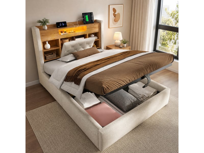  Lit coffre simple 90×200 cm avec led, usb et type-c - okmyhome- tête de lit à étagères, sans matelas, beige  - Conforama C