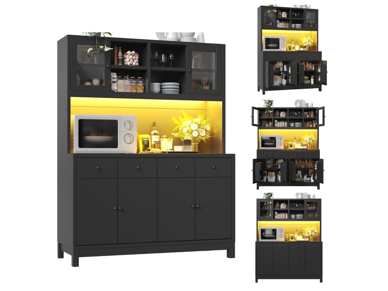  Vaisselier buffet haut de cuisine noir 4 portes et 4 tiroirs, meuble de rangement avec led rgb, mdf, 140 cm  - Conforama A