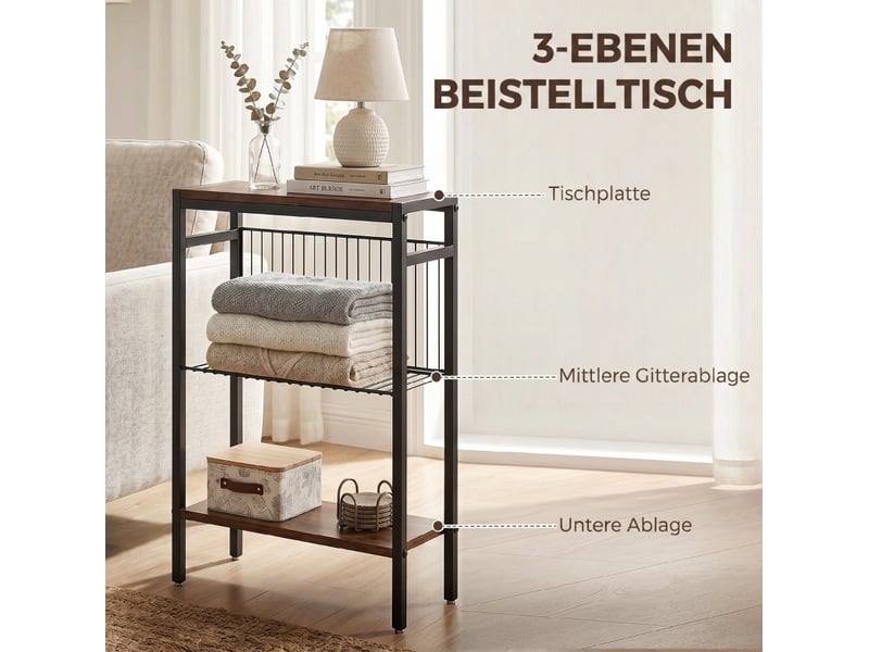  Table de chevet avec 3 étagères ouvertes, style industriel, pour chambre et salon, brun rustique, 43 × 18 × 62,5 cm  - Conforama E