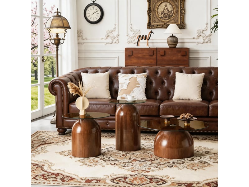  Lot de 3 tables basses brun en verre trempé et acier carboné, piétement demi-sphère  - Conforama B