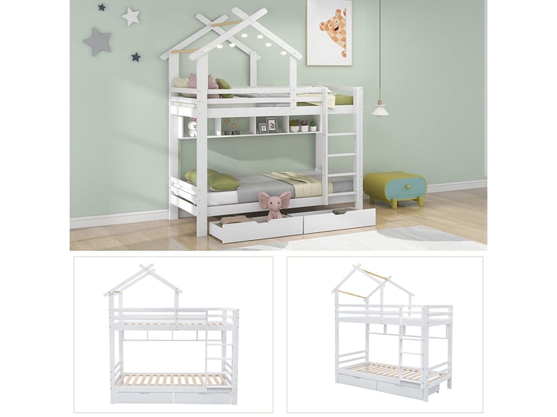  Lit superposé 90x200 cm – lit enfant avec rangements intégrés, 2 tiroirs et 4 niches – mdf – blanc  - Conforama D