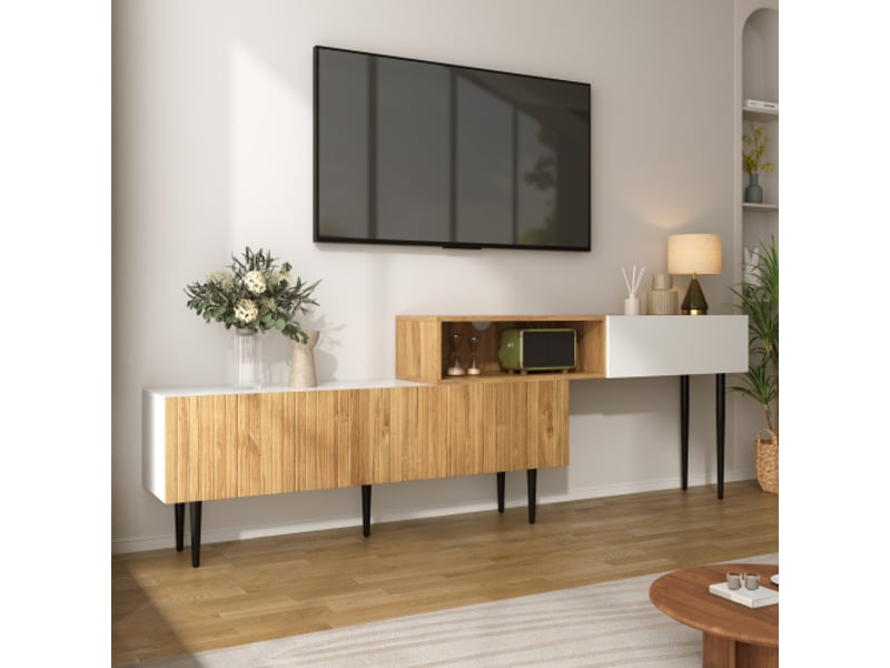  Meuble tele haut modulable 2 parties | longueur réglable, aspect bois et blanc mat  - Conforama B