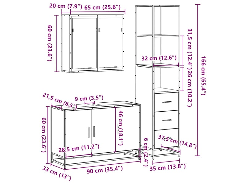 Ensemble de meubles de salle de bain 3 pcs chêne fumé cf63722 - Conforama E
