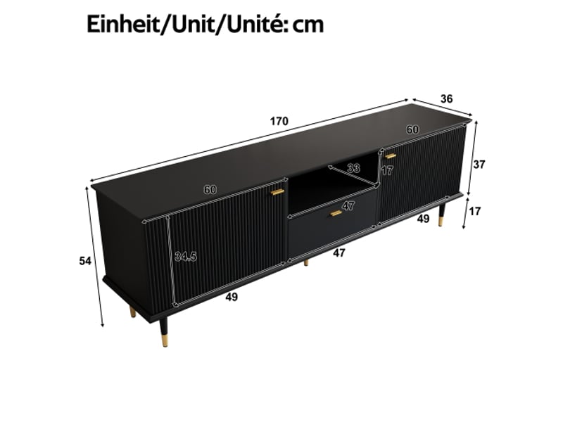  Meuble tv moderne avec rangements ouverts et tiroirs – surface laquée structurée, charnières soft-close  - Conforama C