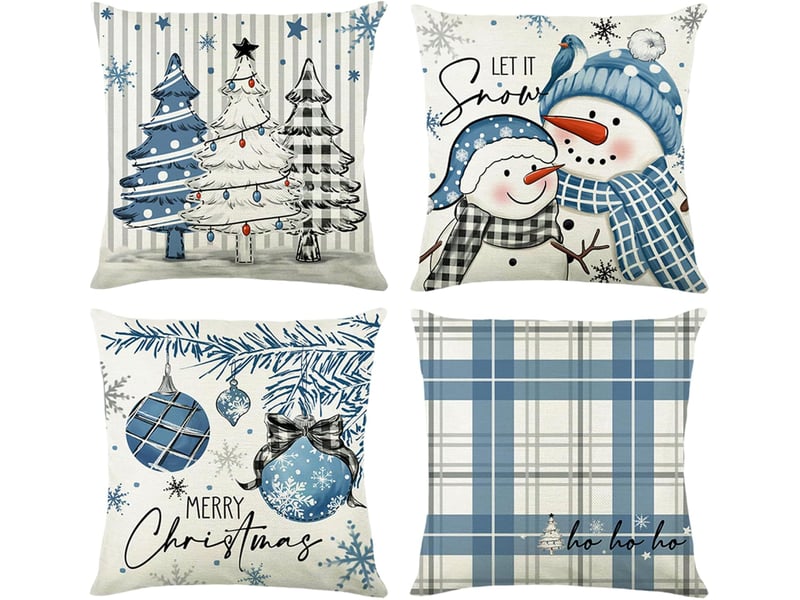  Housses de coussin de noël 45 x 45 cm, 4 pièces, décoration d'intérieur de noël - coussin décoratif de noël en lin bleu et blanc pour coussins de can  - Conforama A