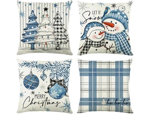 Housses de coussin de noël 45 x 45 cm, 4 pièces, décoration d'intérieur de noël - coussin décoratif de noël en lin bleu et blanc pour coussins de can