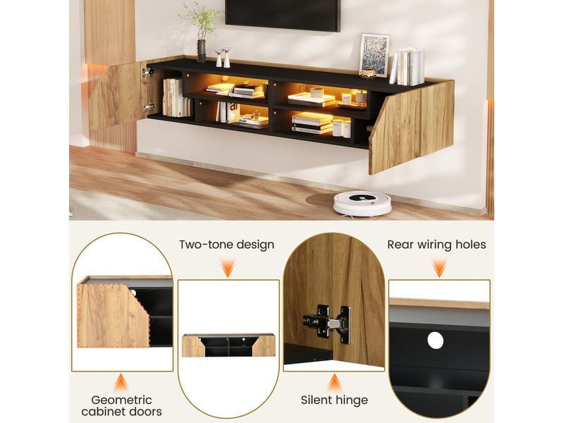 Meuble tv mural noir + ton bois 180 x 36,5 x 40 cm avec led bluetooth, 2 portes, jusqu'à 75 pouces - Conforama C