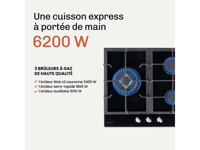  Beldeko plaque de cuisson gaz 3 feux 60 cm verre noir - grilles fonte - marque française  - Conforama E