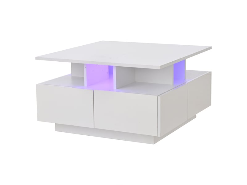  Table basse carrée 70x70 cm blanche haute brillance avec éclairage led et 4 tiroirs  - Conforama W