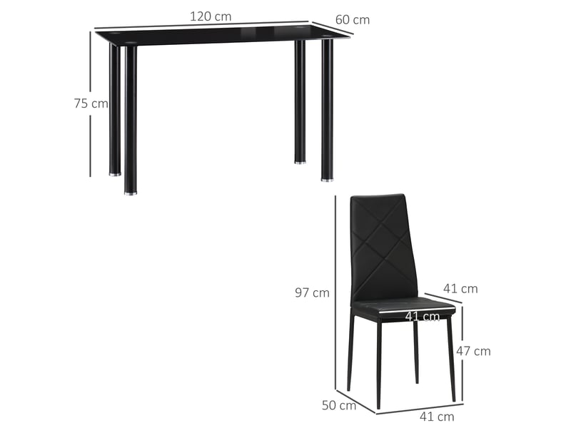  Ensemble de table à manger avec 4 chaises plateau en verre trempé, pour cuisine salon noir, pieds en acier  - Conforama C