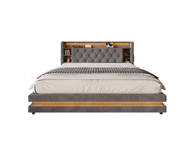 Lit coffre 180 × 200 cm 2 places avec led, usb, type-c, étagères et rangement, sans matelas, en velours gris foncé - Conforama E
