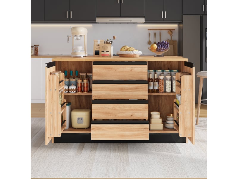  Îlot de cuisine 140 cm avec plan de travail rabattable, 4 tiroirs, naturel et noir  - Conforama D