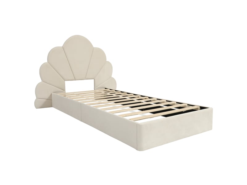  Lit simple capitonné, tête de lit à pétales incurvés, style simple, élégant et confortable, cadre de lit moderne, velours beige, 90 x 200 cm  - Conforama E