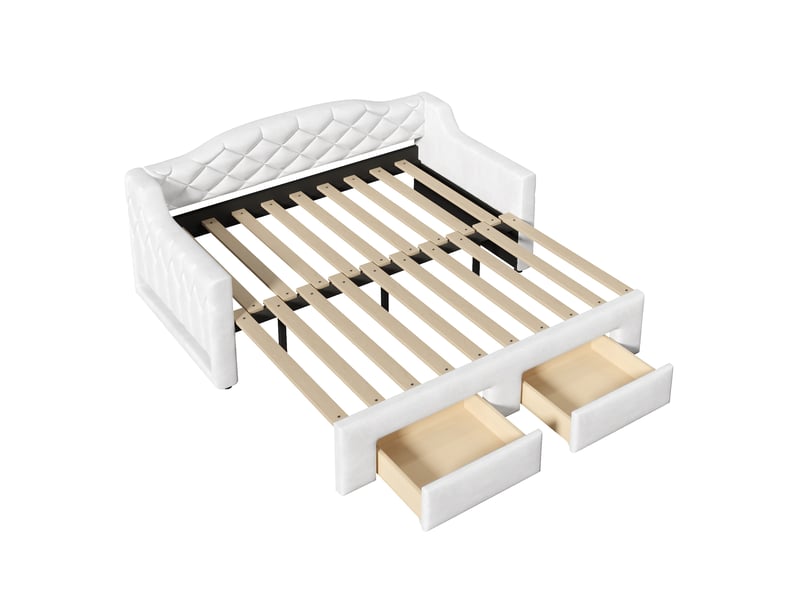 Canapé-lit extensible 90/180x200 cm, 2 tiroirs, led 7 couleurs, velours blanc, sans matelas - Conforama E