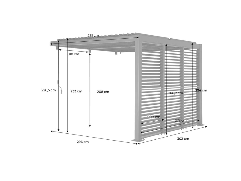  Pergola bioclimatique aluminium adossée 3x3m anthracite + 3 persiennes 100cm lames orientables palace  - Conforama D