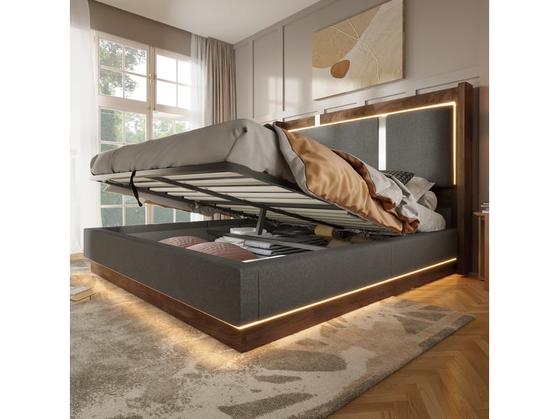  Lit coffre hydraulique 180x200 cm rembourré avec led, sommier à lattes, tête de lit en lin gris et effet noyer Morn Vibe - Conforama D