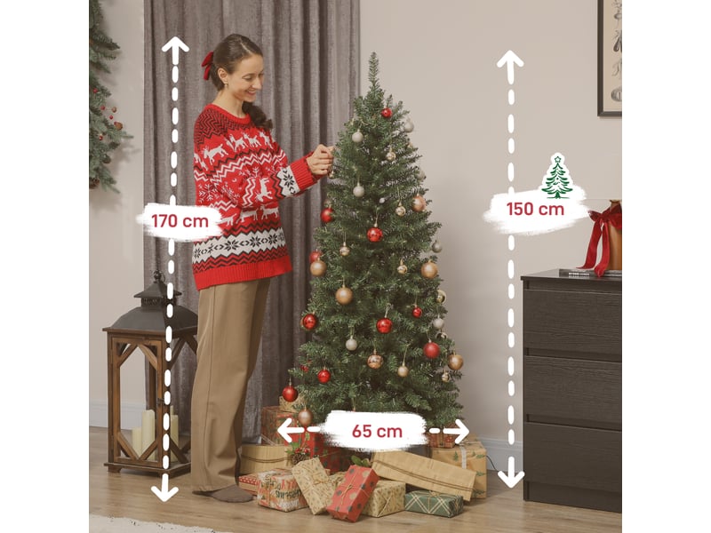  Sapin de noël artificiel 150 cm, arbre de noël fin avec 170 lumières, 635 pointes, support en métal pliable, vert  - Conforama C