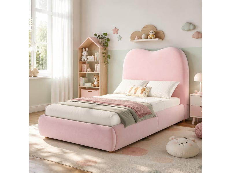  Lit coffre enfant 200×90 cm avec rangement hydraulique et sommier à lattes, sans matelas, en velours rose  - Conforama B