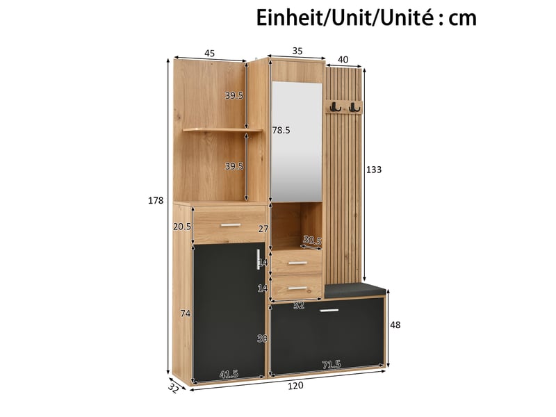  Vestiaire d'entrée avec banc, miroir et led, noir et naturel 120 x 32 x 178 cm GL12456S - Conforama C