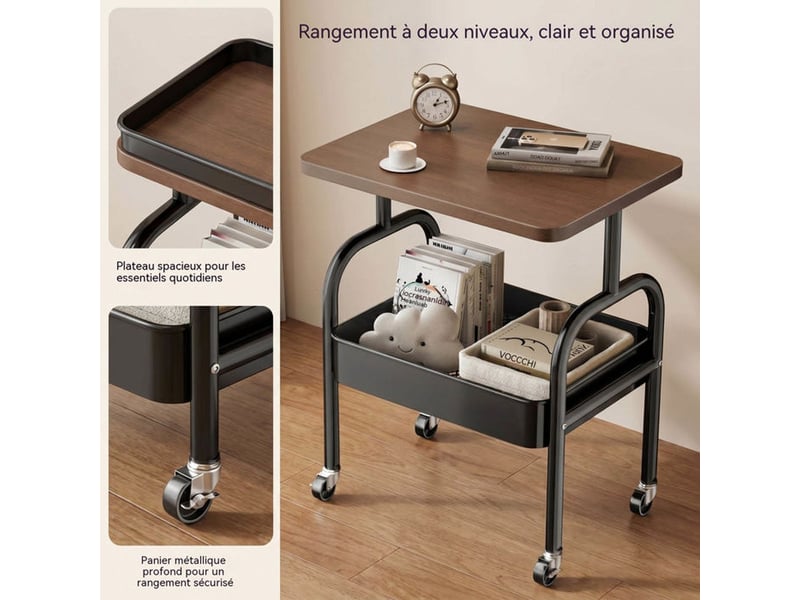 Chariot roulant multifonction 2 niveaux 43x30x45 cm cadre metal noir plateau bois  - Conforama C