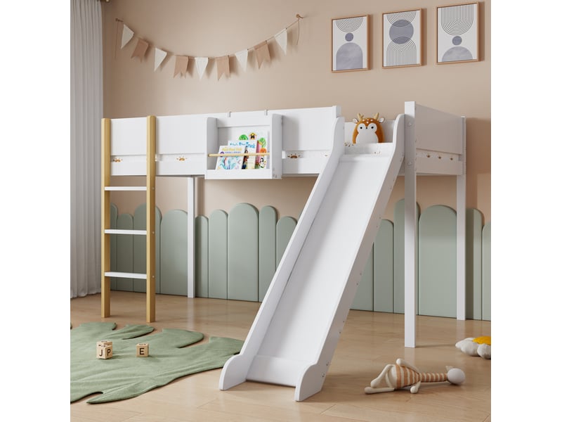  Lit mezzanine enfant 90x200 cm avec toboggan, échelle et étagère blanc naturel  - Conforama D