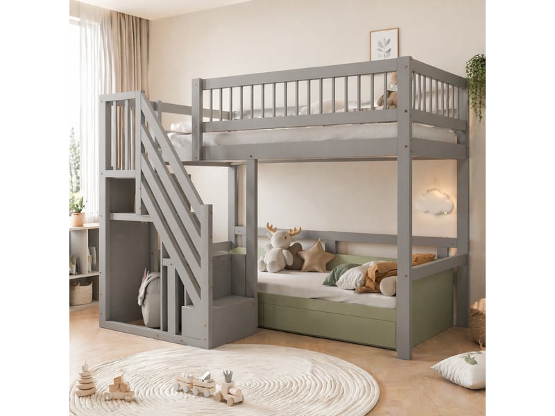 Lit mezzanine enfant 200×90 cm avec escalier de rangement et espace sous le couchage, sans matelas, en bois gris - Conforama B