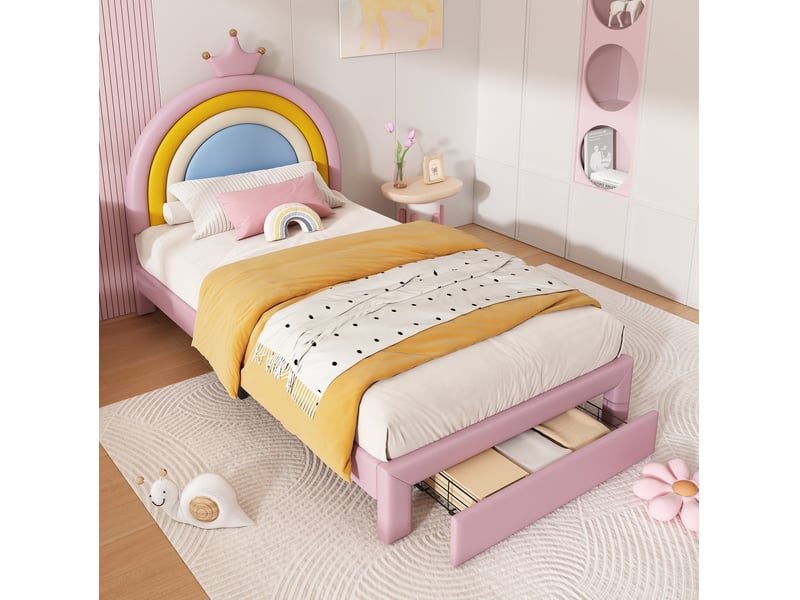  Lit enfant rembourré modenvie 90 x 200 cm rose avec tête de lit arc-en-ciel réglable et tiroir de rangement  - Conforama B