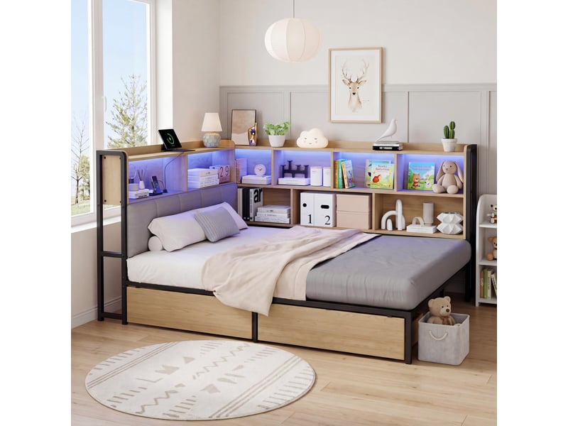 Lit double 140x200 cm avec led et 2 tiroirs, lit enfant avec usb et usb-c et tête de lit rangement, naturel - Conforama D