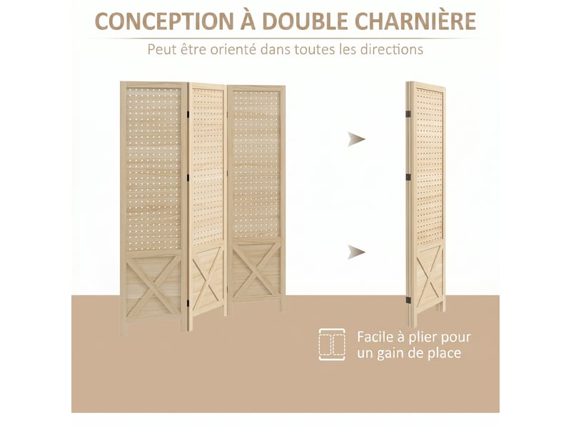  Paravent intérieur en bois 3 panneaux séparateur de pièce pliable panneau perforé bois naturel 114 x 1,7 x 144,5 cm  - Conforama R