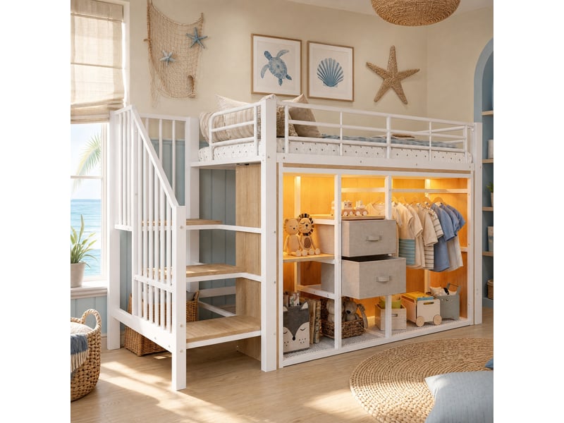  Lit mezzanine, lit simple 90x200 cm en métal et mdf avec 2 tiroirs, penderie ouverte et led, sans matelas, blanc  - Conforama C