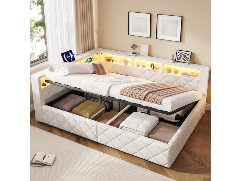  Canapé-lit coffre 140 x 200 cm - avec bande lumineuse led - avec port usb - beige (matelas non inclus)  - Conforama D