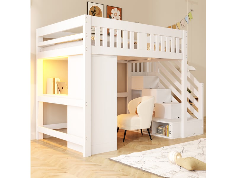  Modenvie lit mezzanine 140x200 cm - rangement, bureau avec prise et led - pour chambre d'adolescent - blanc  - Conforama D