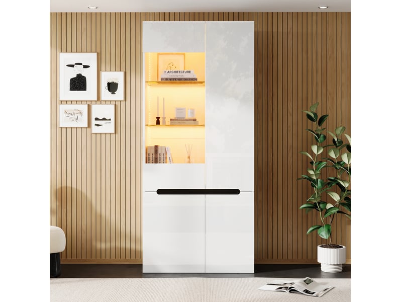  Vitrine de salon led 80 x 35 x 180 cm – blanc – rangement et présentation avec éclairage bluetooth  - Conforama B