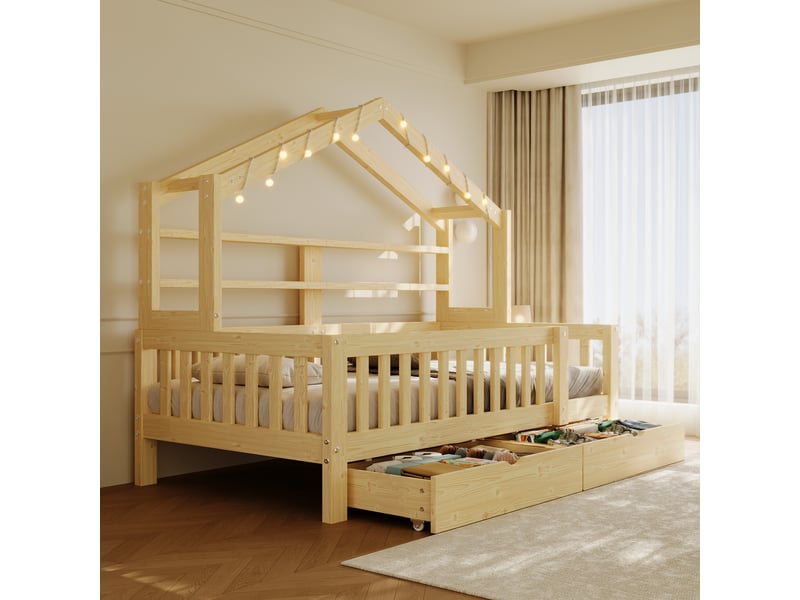 Lit cabane 90x200cm pour enfant avec toit, led, 2 tiroirs de rangement, barrières de sécurité, mdf et pin - naturel - Conforama D