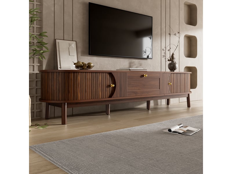  Meuble tv bois massif noyer 170 cm avec tiroirs et portes coulissantes, design moderne pour salon  - Conforama C