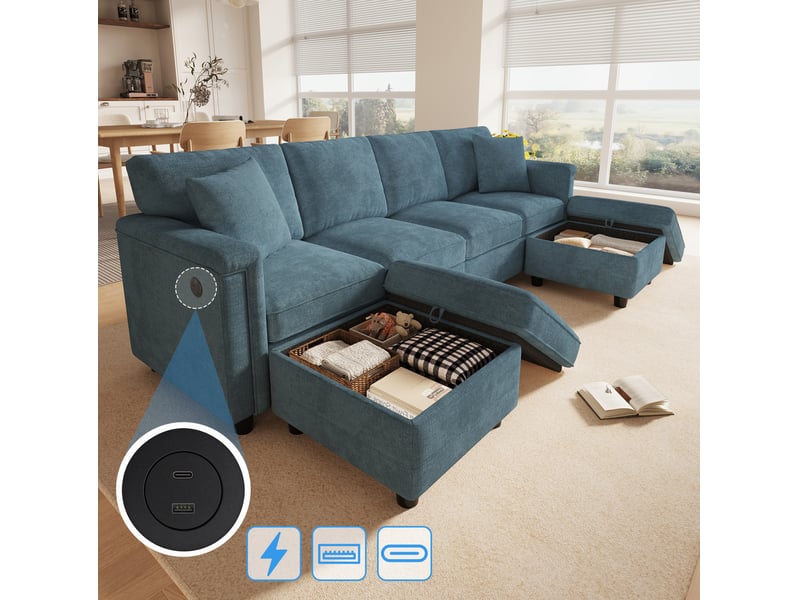 Canapé modulaire 6 places avec configuration en l ou u, rangement, usb et usb-c en chenille bleu, 261 × 134 × 82 cm - Conforama C